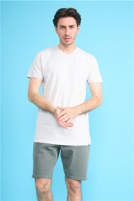 Çetinkaya Mentality 2772 V Yaka Slimfit Basic T-shirt Taş