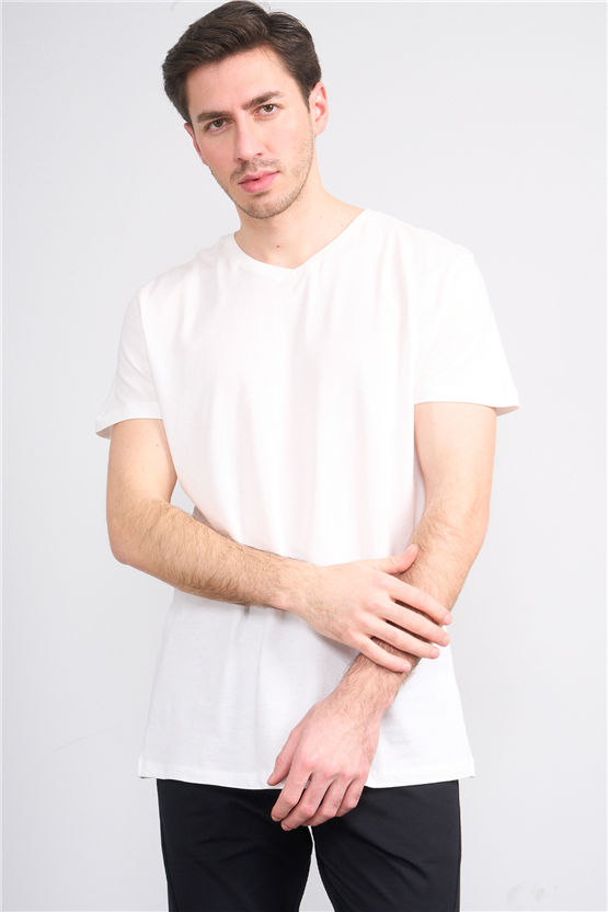 Çetinkaya Mentality 2772 V Yaka Slimfit Basic T-shirt Krem