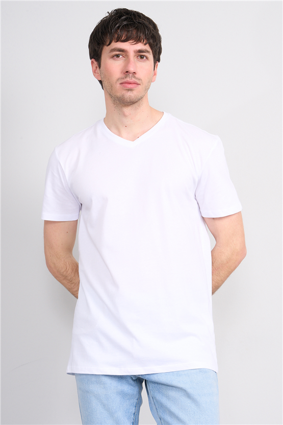 Çetinkaya Mentality 2772 V Yaka Slimfit Basic T-shirt Beyaz