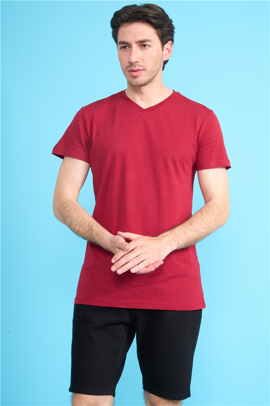 Çetinkaya Mentality 2772 V Yaka Slimfit Basic T-shirt Bordo