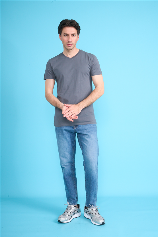 Çetinkaya Mentality 2772 V Yaka Slimfit Basic T-shirt Düz Koyu Gri