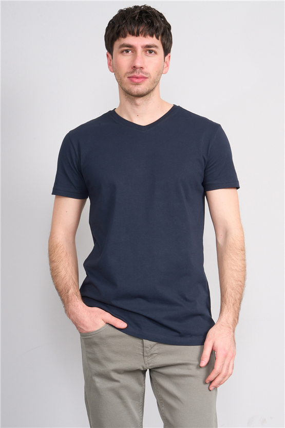 Çetinkaya Mentality 2772 V Yaka Slimfit Basic T-shirt Lacivert