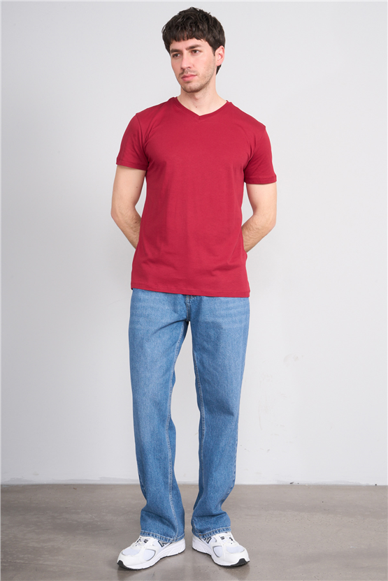 Çetinkaya Mentality 2772 V Yaka Slimfit Basic T-shirt Bordo