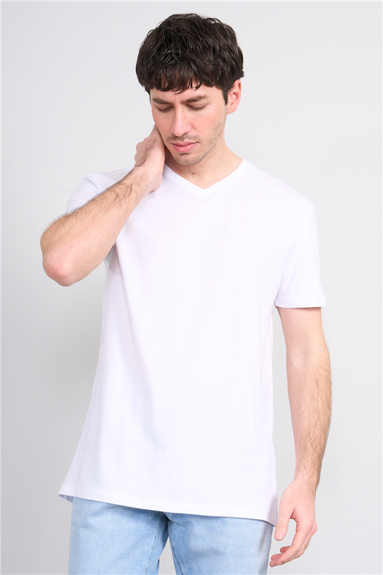 Çetinkaya Mentality 2772 V Yaka Slimfit Basic T-shirt Beyaz