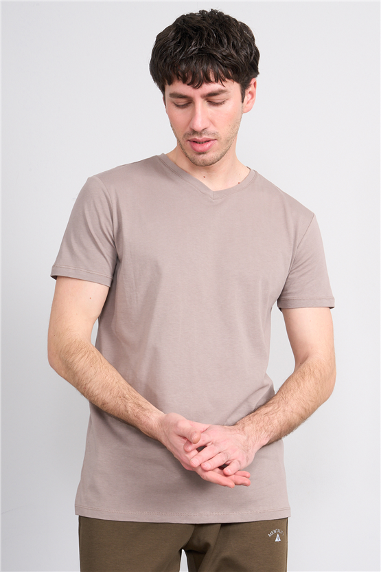 Çetinkaya Mentality 2772 V Yaka Slimfit Basic T-shirt Koyu Vizon