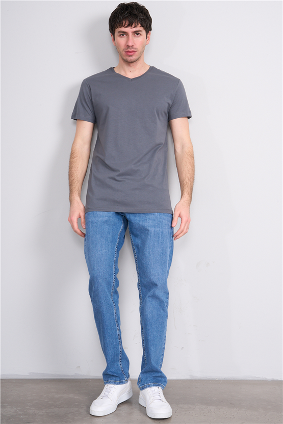 Çetinkaya Mentality 2772 V Yaka Slimfit Basic T-shirt Düz Koyu Gri