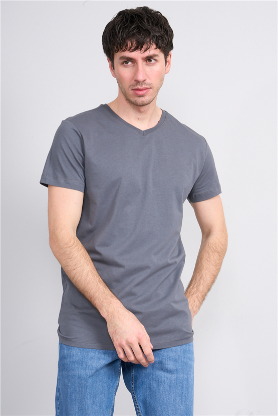 Çetinkaya Mentality 2772 V Yaka Slimfit Basic T-shirt Düz Koyu Gri