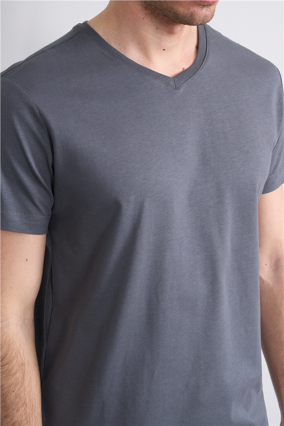 Çetinkaya Mentality 2772 V Yaka Slimfit Basic T-shirt Düz Koyu Gri