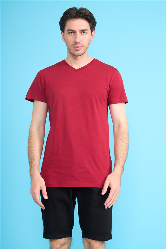 Çetinkaya Mentality 2772 V Yaka Slimfit Basic T-shirt Bordo