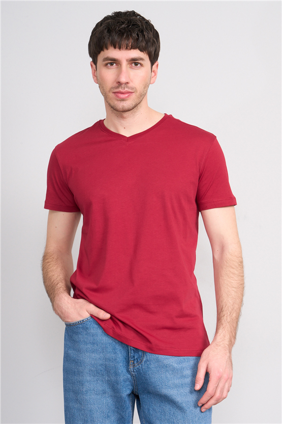Çetinkaya Mentality 2772 V Yaka Slimfit Basic T-shirt Bordo