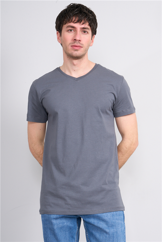 Çetinkaya Mentality 2772 V Yaka Slimfit Basic T-shirt Düz Koyu Gri