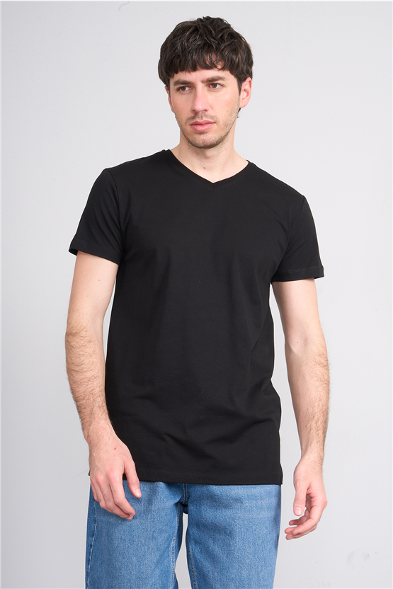 Çetinkaya Mentality 2772 V Yaka Slimfit Basic T-shirt Siyah