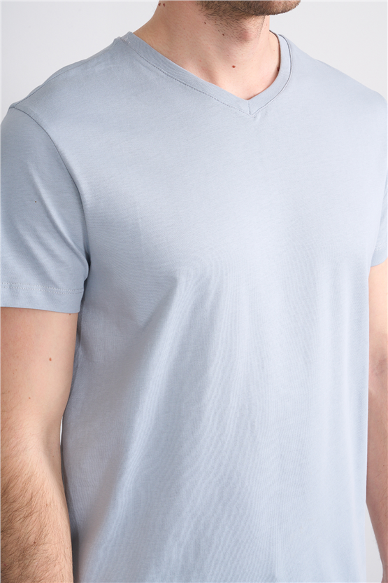 Çetinkaya Mentality 2772 V Yaka Slimfit Basic T-shirt Düz Açık Gri