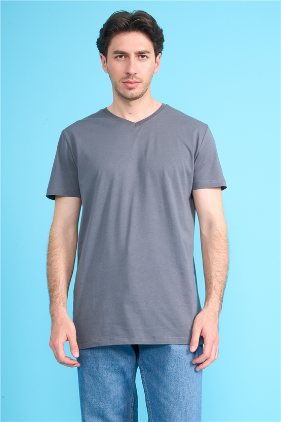 Çetinkaya Mentality 2772 V Yaka Slimfit Basic T-shirt Düz Koyu Gri