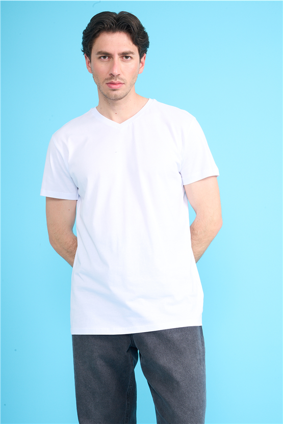 Çetinkaya Mentality 2772 V Yaka Slimfit Basic T-shirt Beyaz