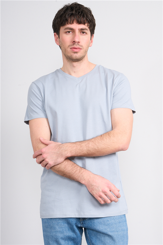 Çetinkaya Mentality 2772 V Yaka Slimfit Basic T-shirt Düz Açık Gri