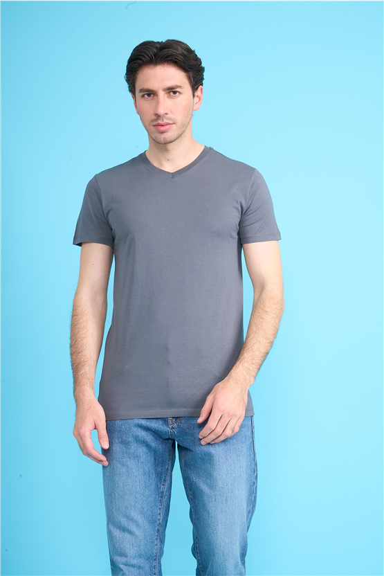 Çetinkaya Mentality 2772 V Yaka Slimfit Basic T-shirt Düz Koyu Gri