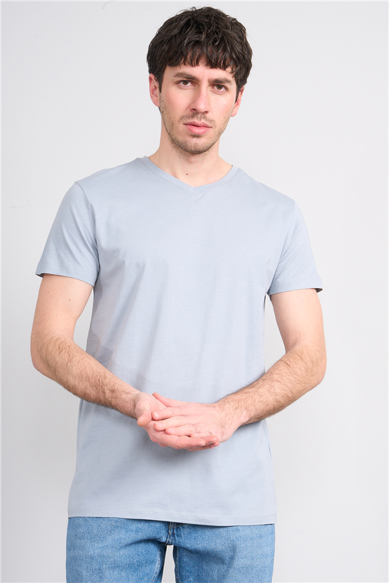 Çetinkaya Mentality 2772 V Yaka Slimfit Basic T-shirt Düz Açık Gri