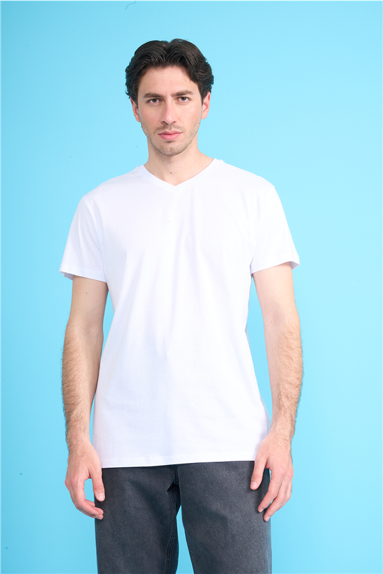 Çetinkaya Mentality 2772 V Yaka Slimfit Basic T-shirt Beyaz