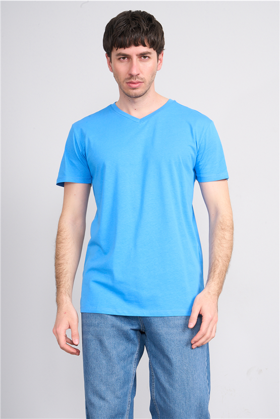 Çetinkaya Mentality 2772 V Yaka Slimfit Basic T-shirt Koyu Mavi