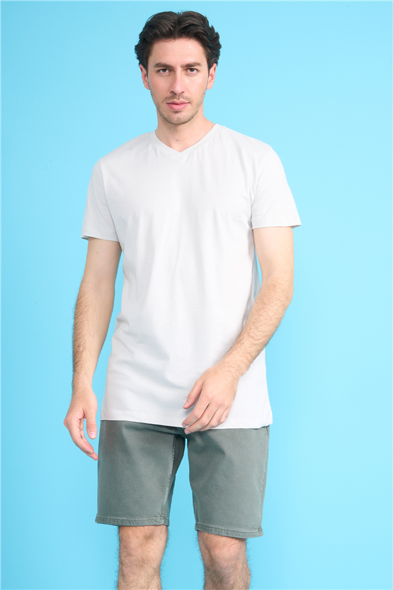 Çetinkaya Mentality 2772 V Yaka Slimfit Basic T-shirt Taş