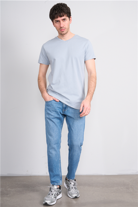 Çetinkaya Mentality 2772 V Yaka Slimfit Basic T-shirt Düz Açık Gri