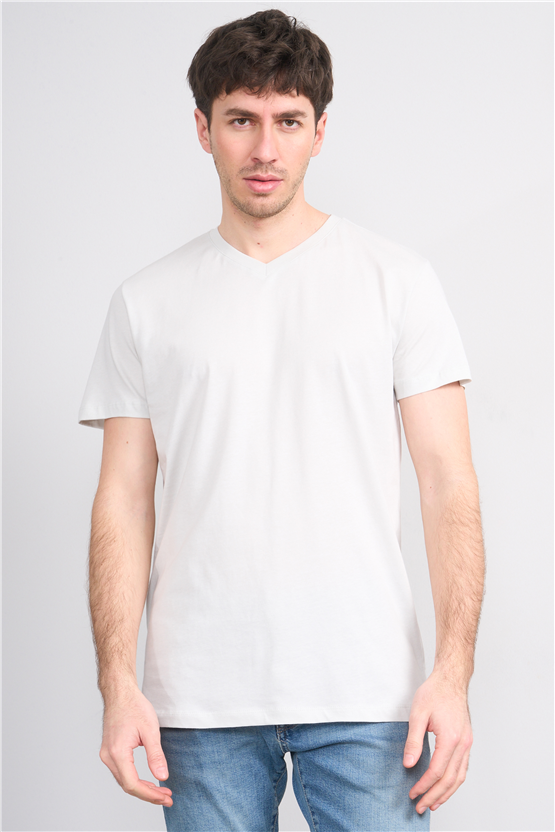 Çetinkaya Mentality 2772 V Yaka Slimfit Basic T-shirt Taş