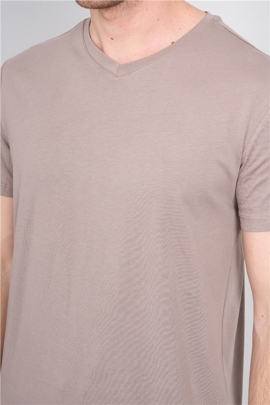 Çetinkaya Mentality 2772 V Yaka Slimfit Basic T-shirt Koyu Vizon