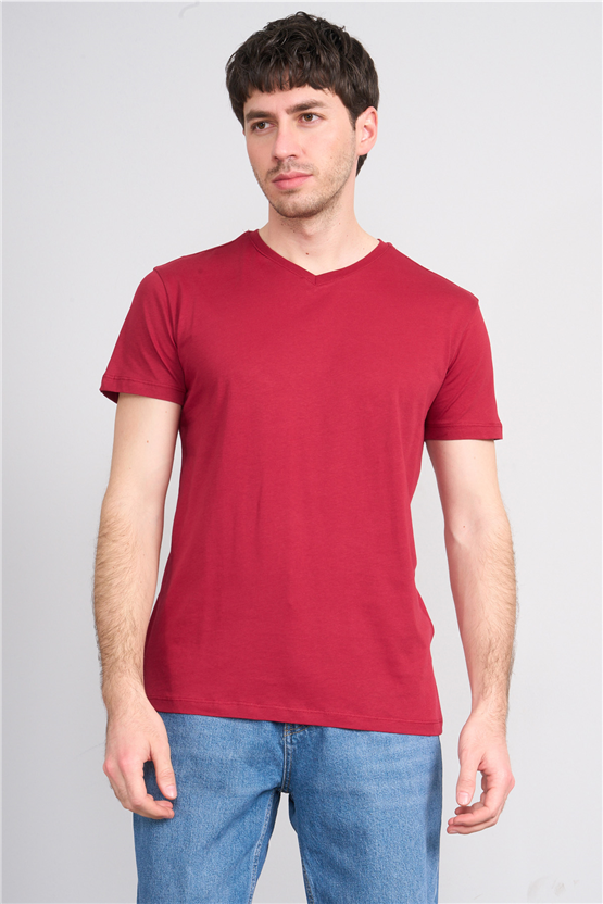 Çetinkaya Mentality 2772 V Yaka Slimfit Basic T-shirt Bordo