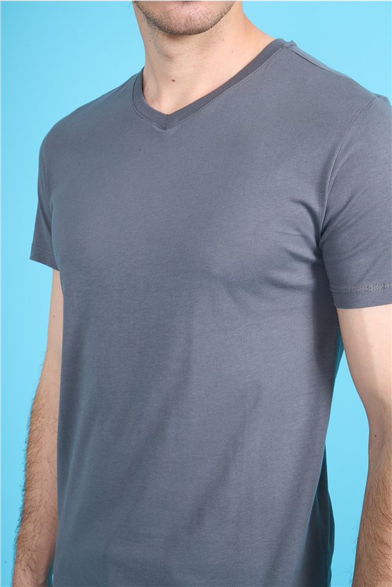 Çetinkaya Mentality 2772 V Yaka Slimfit Basic T-shirt Düz Koyu Gri