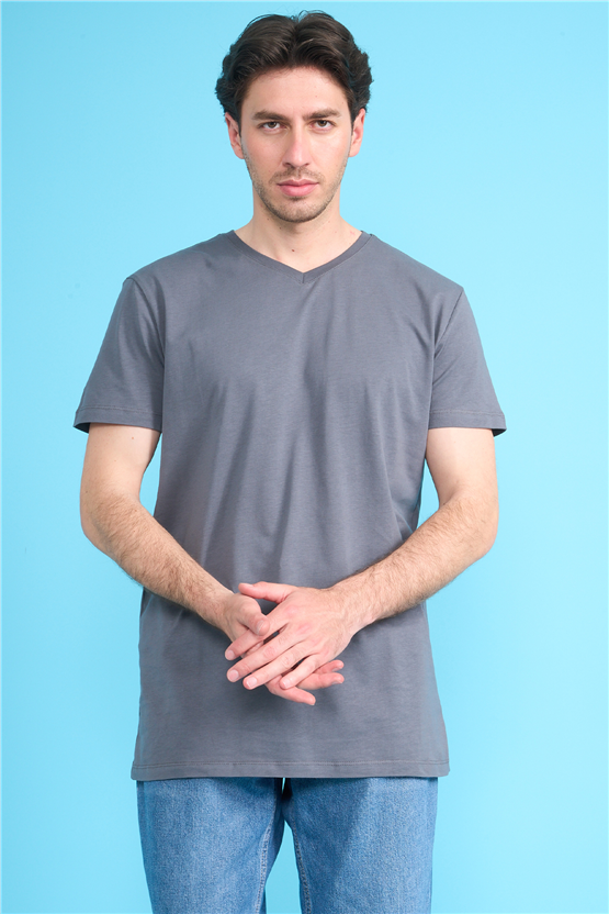 Çetinkaya Mentality 2772 V Yaka Slimfit Basic T-shirt Düz Koyu Gri