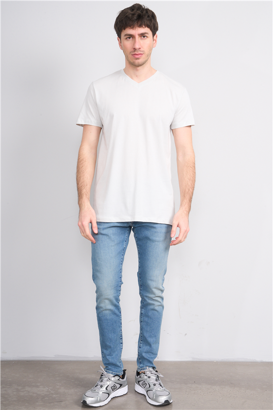 Çetinkaya Mentality 2772 V Yaka Slimfit Basic T-shirt Taş