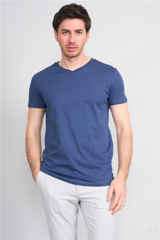 Çetinkaya Mentality 2772 V Yaka Slimfit Basic T-shirt İndigo