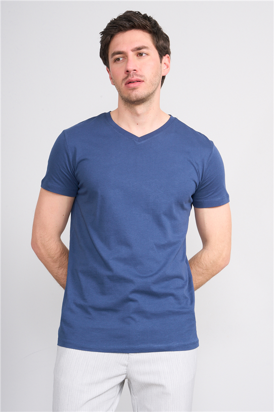Çetinkaya Mentality 2772 V Yaka Slimfit Basic T-shirt İndigo
