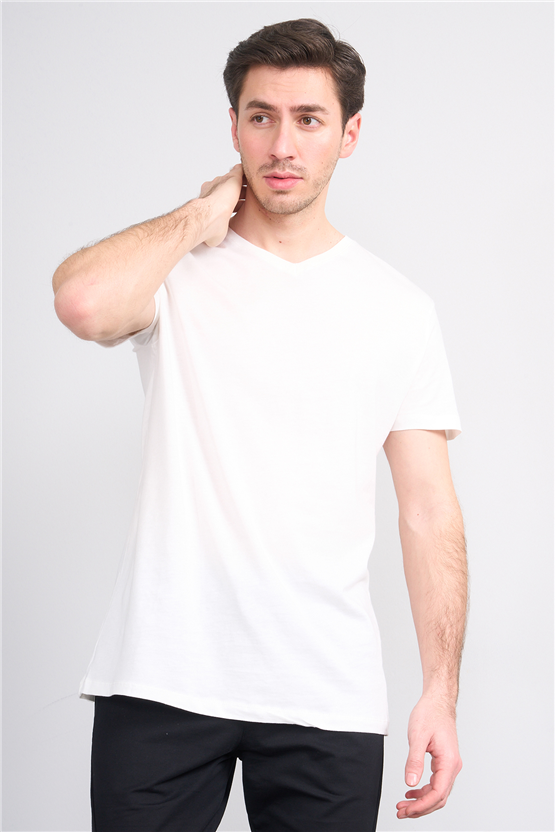 Çetinkaya Mentality 2772 V Yaka Slimfit Basic T-shirt Krem