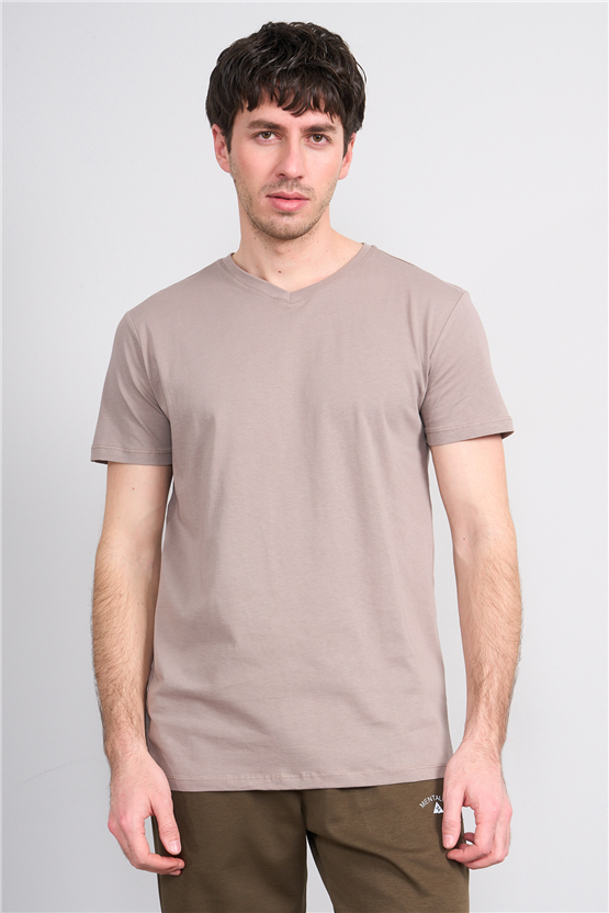 Çetinkaya Mentality 2772 V Yaka Slimfit Basic T-shirt Koyu Vizon
