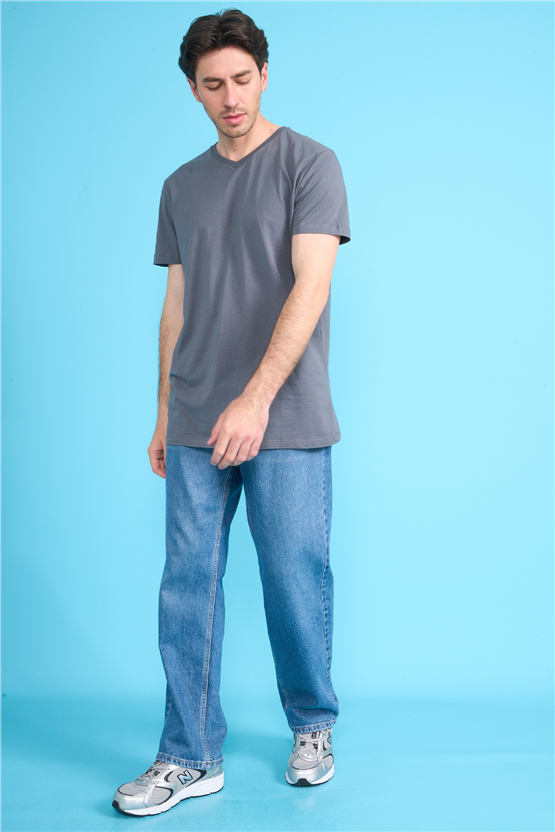 Çetinkaya Mentality 2772 V Yaka Slimfit Basic T-shirt Düz Koyu Gri