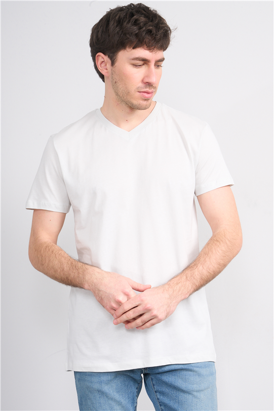 Çetinkaya Mentality 2772 V Yaka Slimfit Basic T-shirt Taş