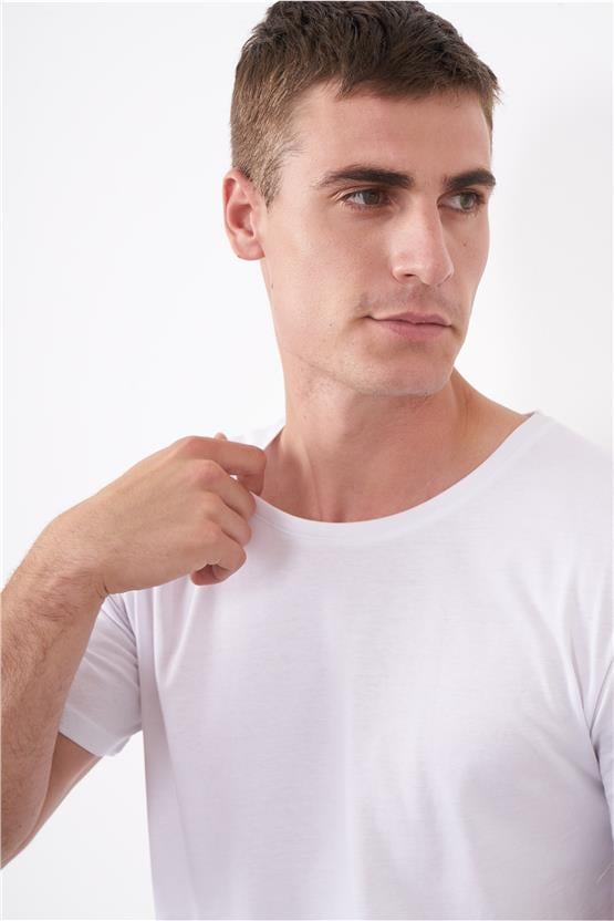 Çetinkaya Mentality 2772Büyük Beden -S Bisiklet Yaka Açık Basic T-Shirt Beyaz