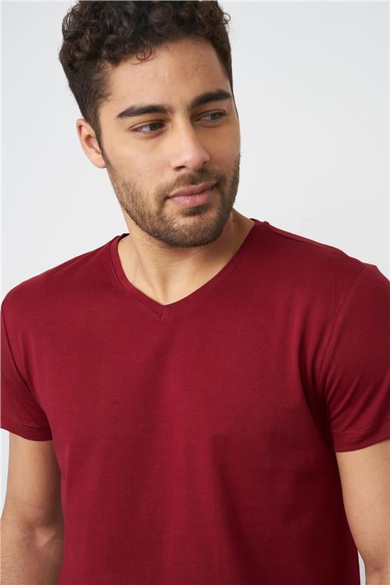 Çetinkaya Mentality 2772 V Yaka Basic T-Shirt Bordo