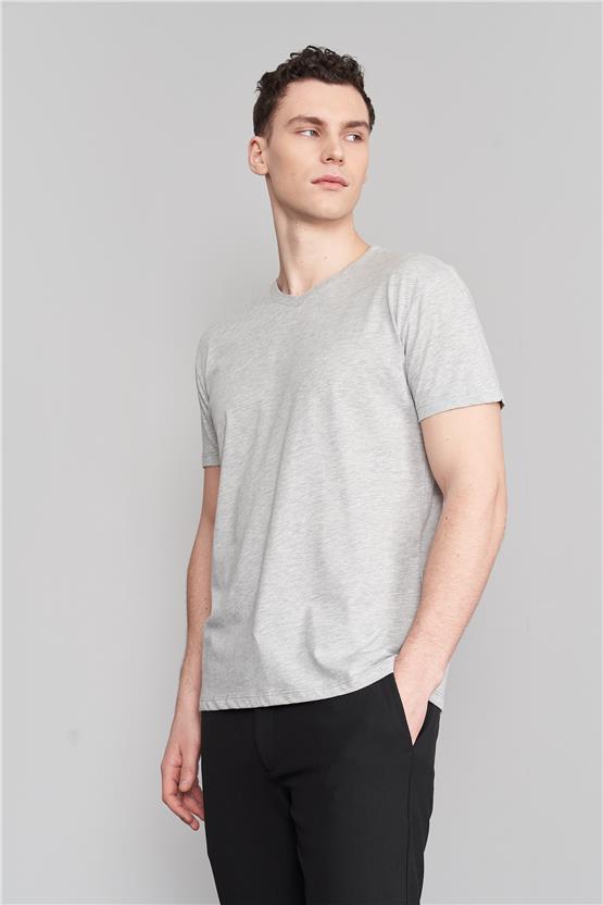 Çetinkaya Mentality 2772V -S V Yaka Basic T-Shirt Gri Melanj