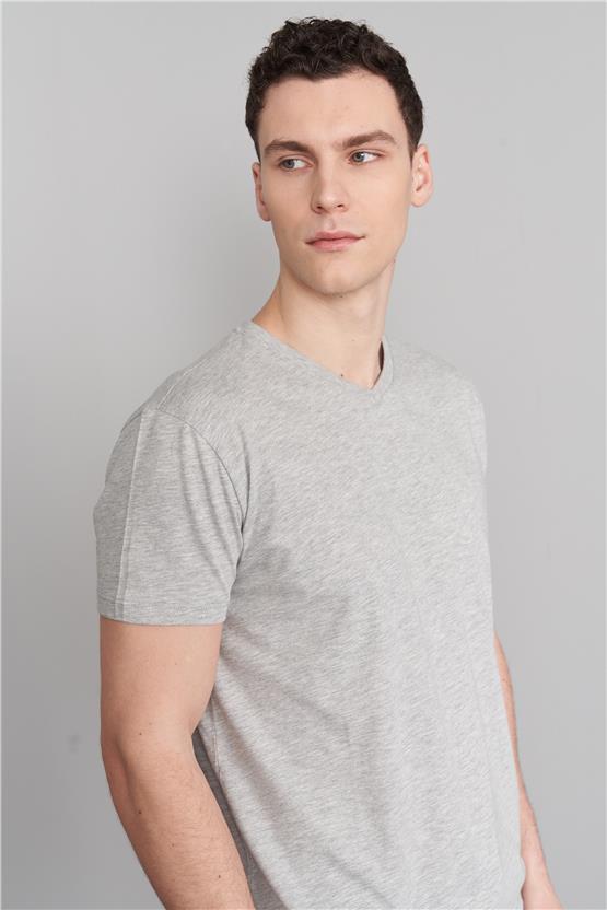 Çetinkaya Mentality 2772V -S V Yaka Basic T-Shirt Gri Melanj