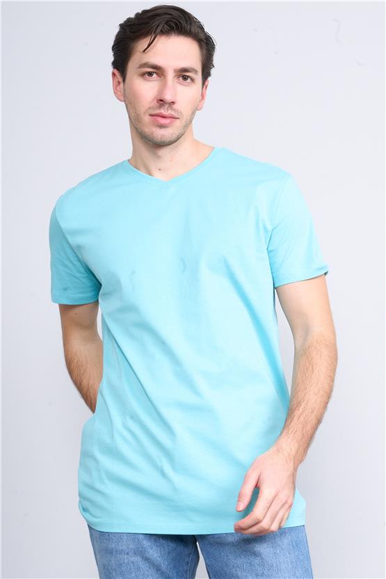 Çetinkaya Mentality 2772V -S V Yaka Basic T-Shirt Turkuaz