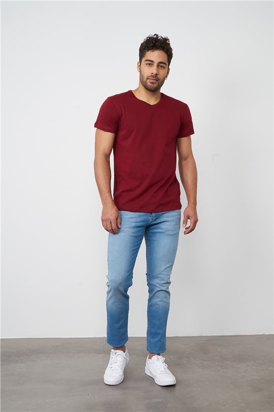 Çetinkaya Mentality 2772 V Yaka Basic T-Shirt Bordo