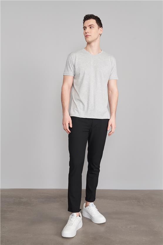 Çetinkaya Mentality 2772V -S V Yaka Basic T-Shirt Gri Melanj
