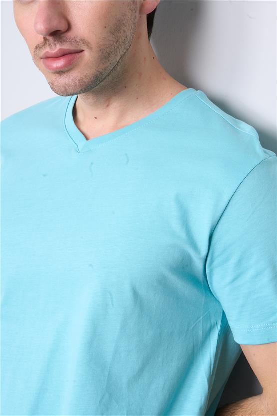 Çetinkaya Mentality 2772V -S V Yaka Basic T-Shirt Turkuaz