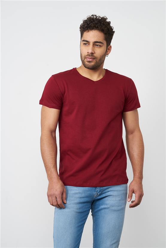 Çetinkaya Mentality 2772 V Yaka Basic T-Shirt Bordo