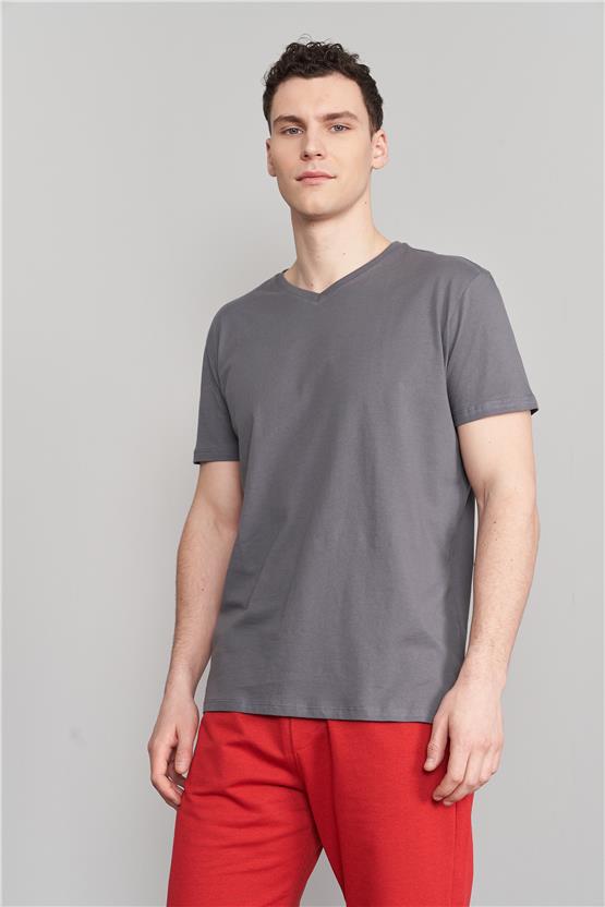 Çetinkaya Mentality 2772V V Yaka Basic Koyu Gri T-Shirt