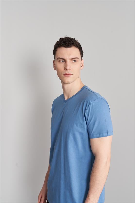 Çetinkaya Mentality 2772V V Yaka Basic T-Shirt Açık İndigo