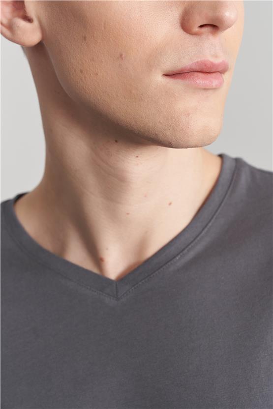 Çetinkaya Mentality 2772V V Yaka Basic Koyu Gri T-Shirt